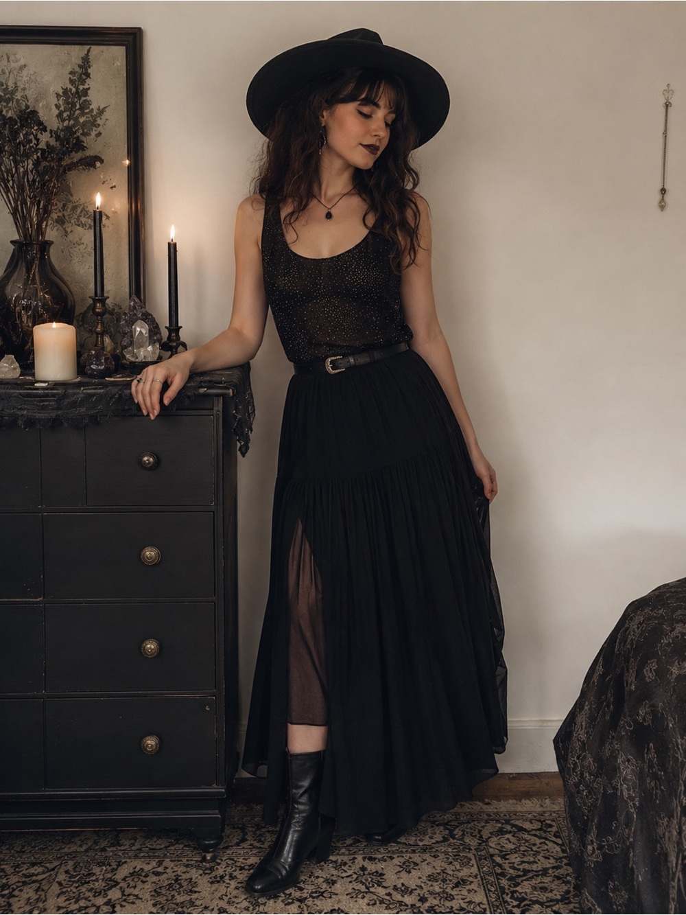 Vintage Black Sparkly Semi Sheer Top Witchy Whimsigoth Boho Festival Top 2X